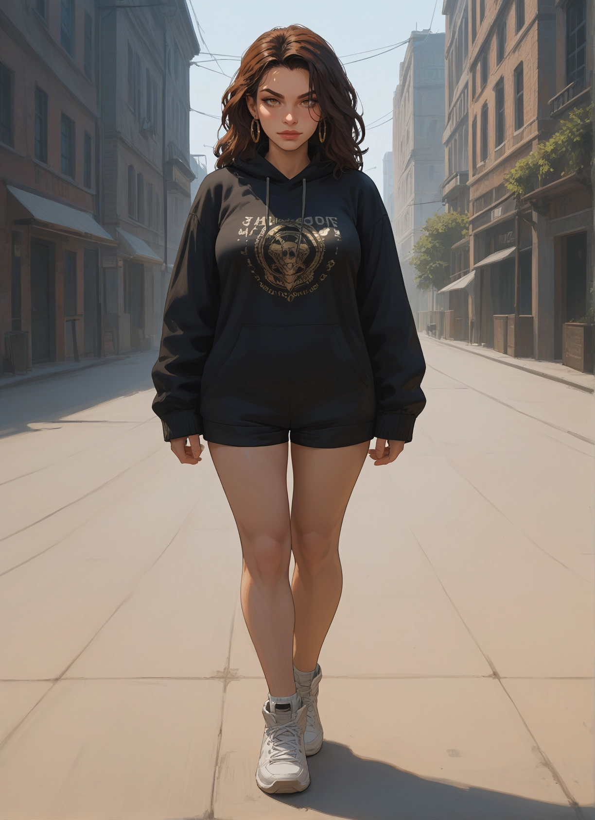 1girl, solo, jewelry, earrings, shoes, hood · Yamete.gg