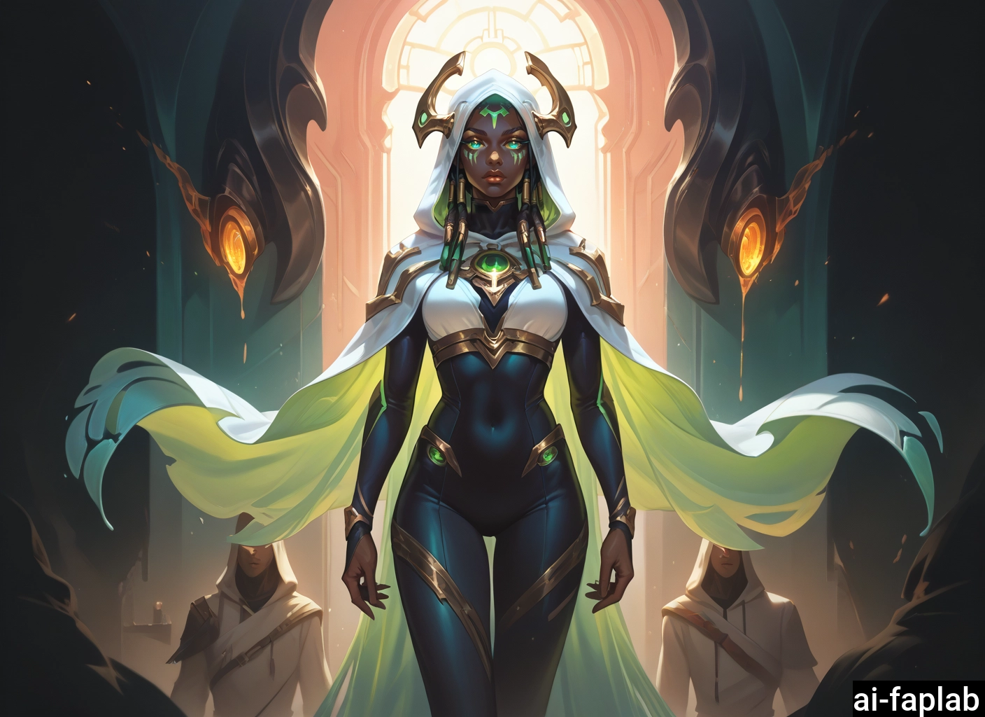 1girl, hood, green eyes, looking at viewer, bodysuit, arms at sides · Yamete.gg