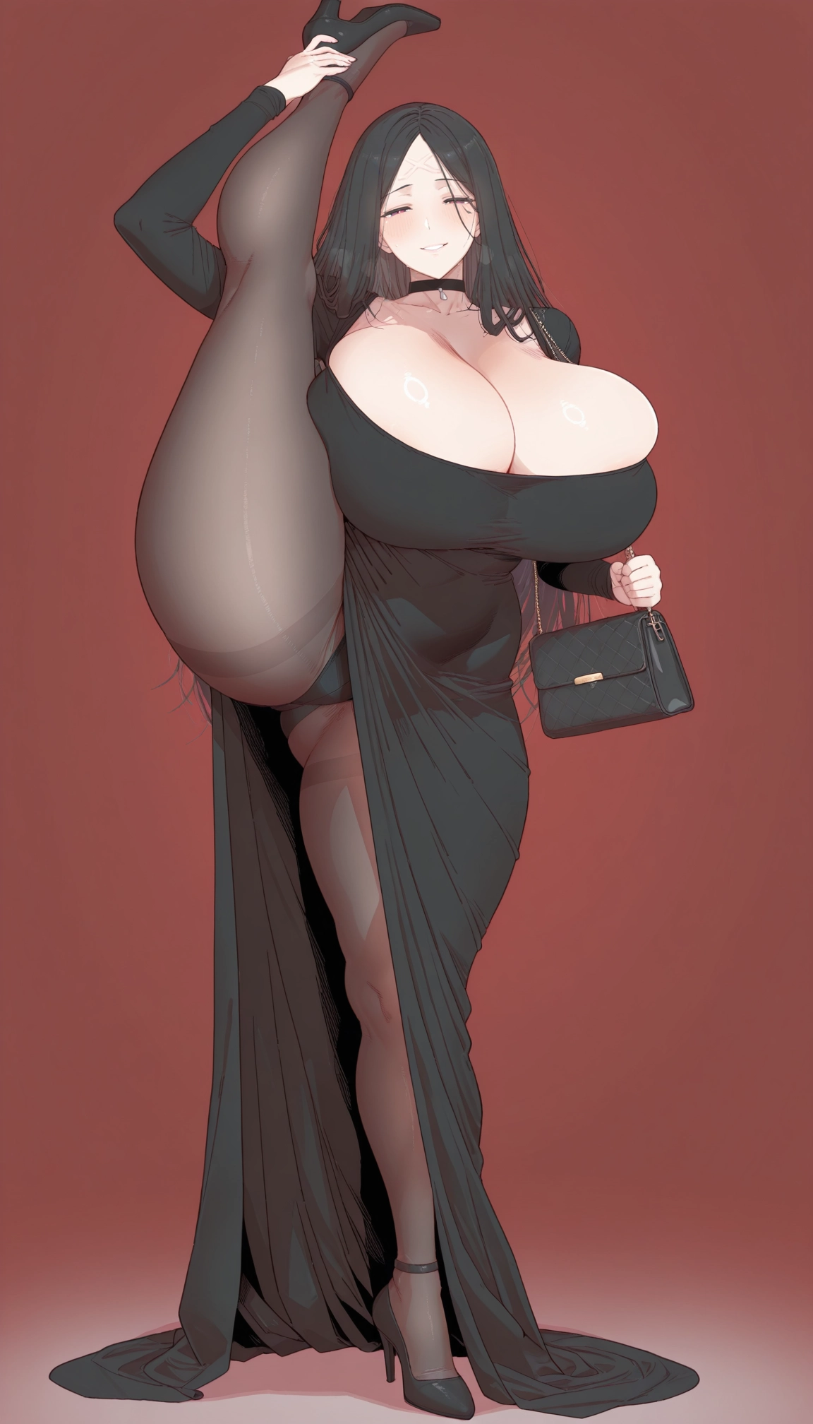 1girl, breasts, pantyhose, dress, standing, standing split · Yamete.gg