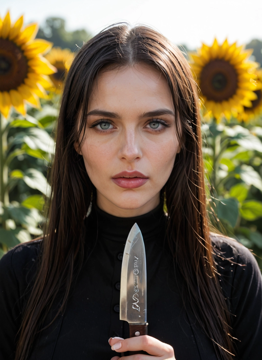1girl, flower, solo, sunflower, knife, long hair · Yamete.gg