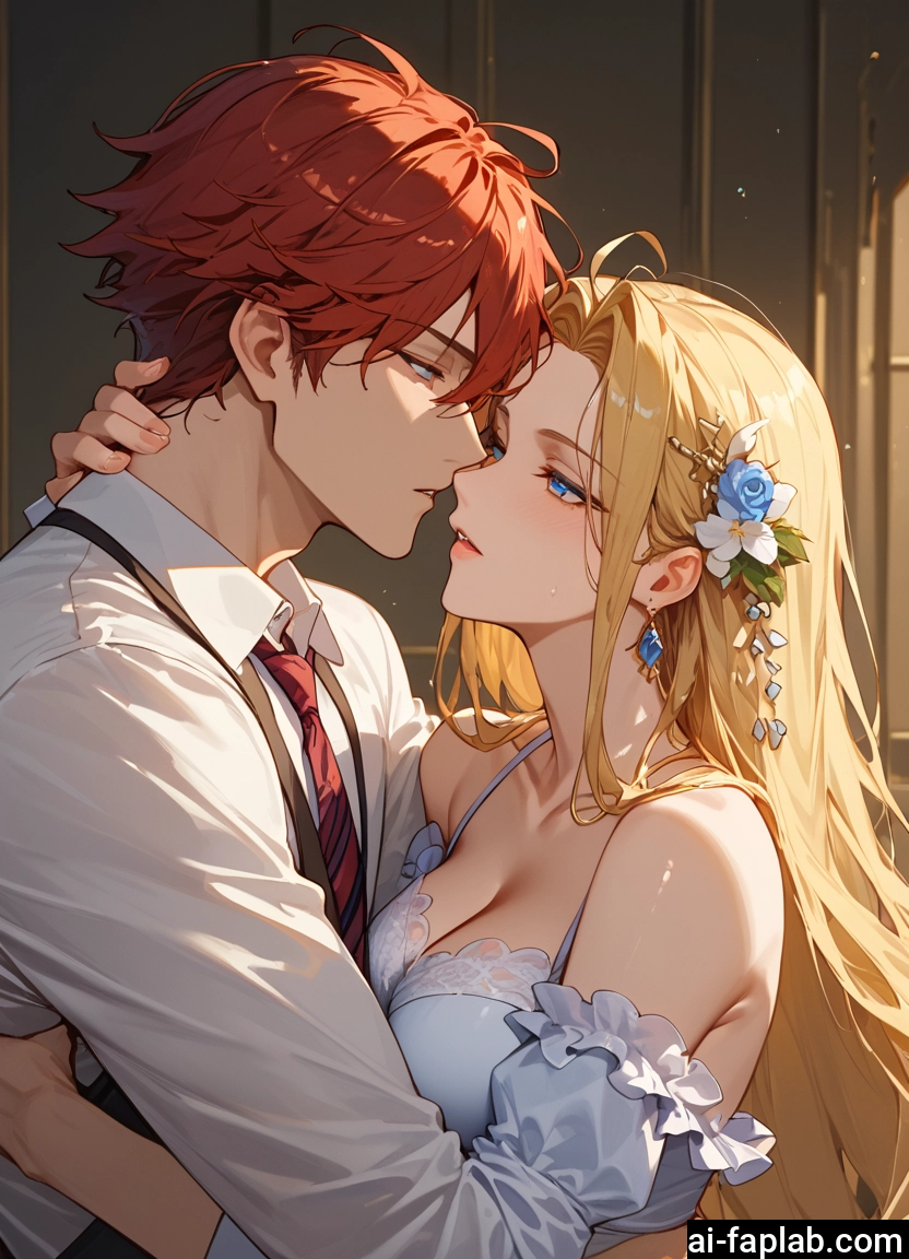 1girl, 1boy, breasts, blonde hair, blue eyes, hair ornament