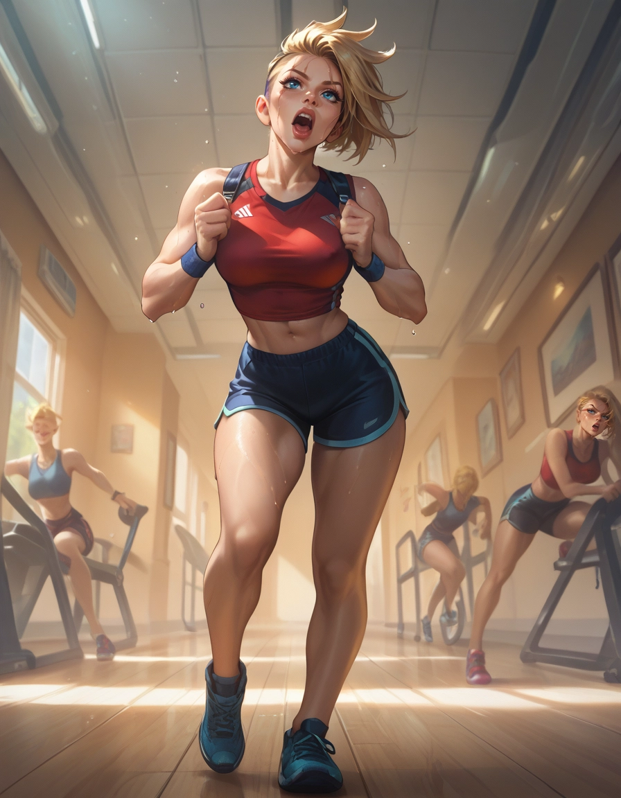 blonde hair, open mouth, 3girls, shorts, multiple girls, sweat · Yamete.gg