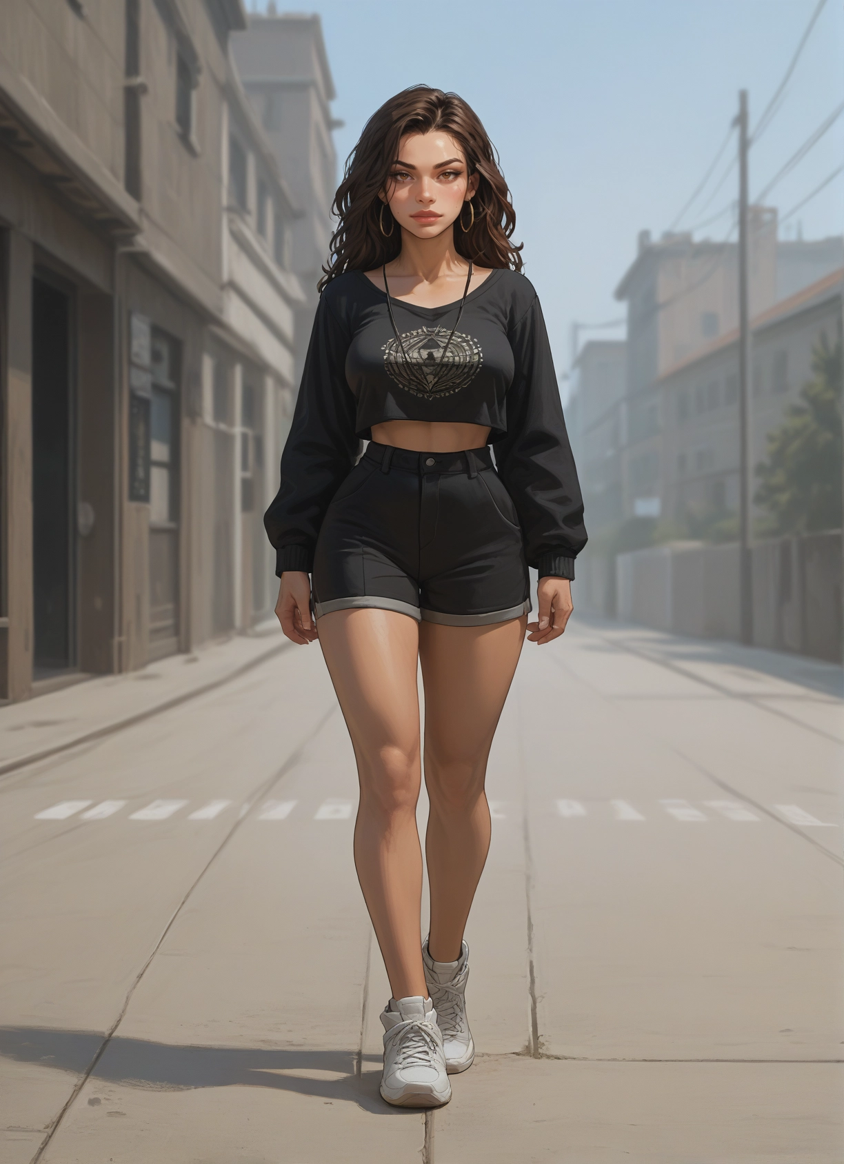 1girl, solo, shorts, jewelry, earrings, shoes · Yamete.gg