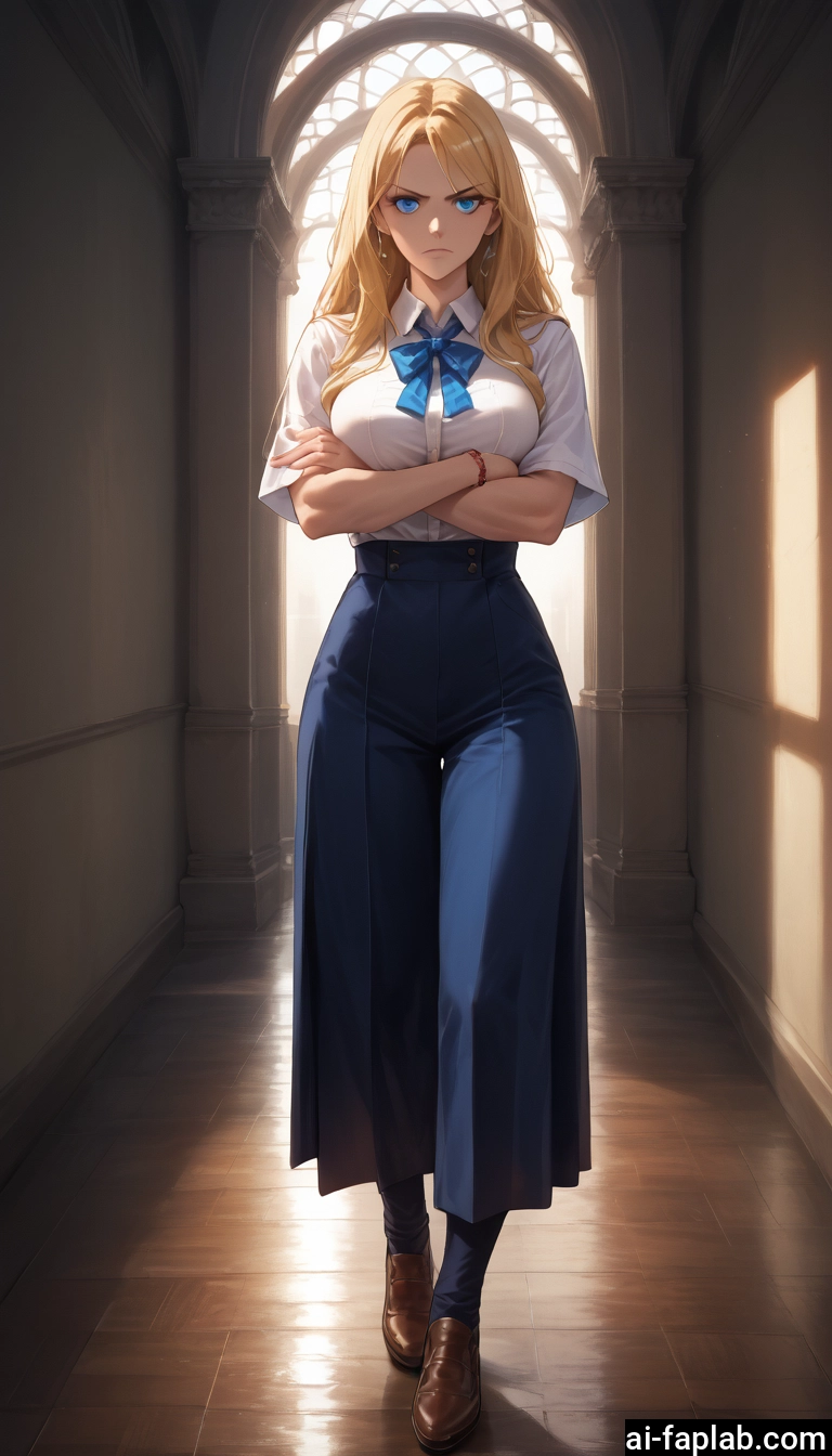 1girl, blonde hair, blue eyes, solo, skirt, crossed arms · Yamete.gg