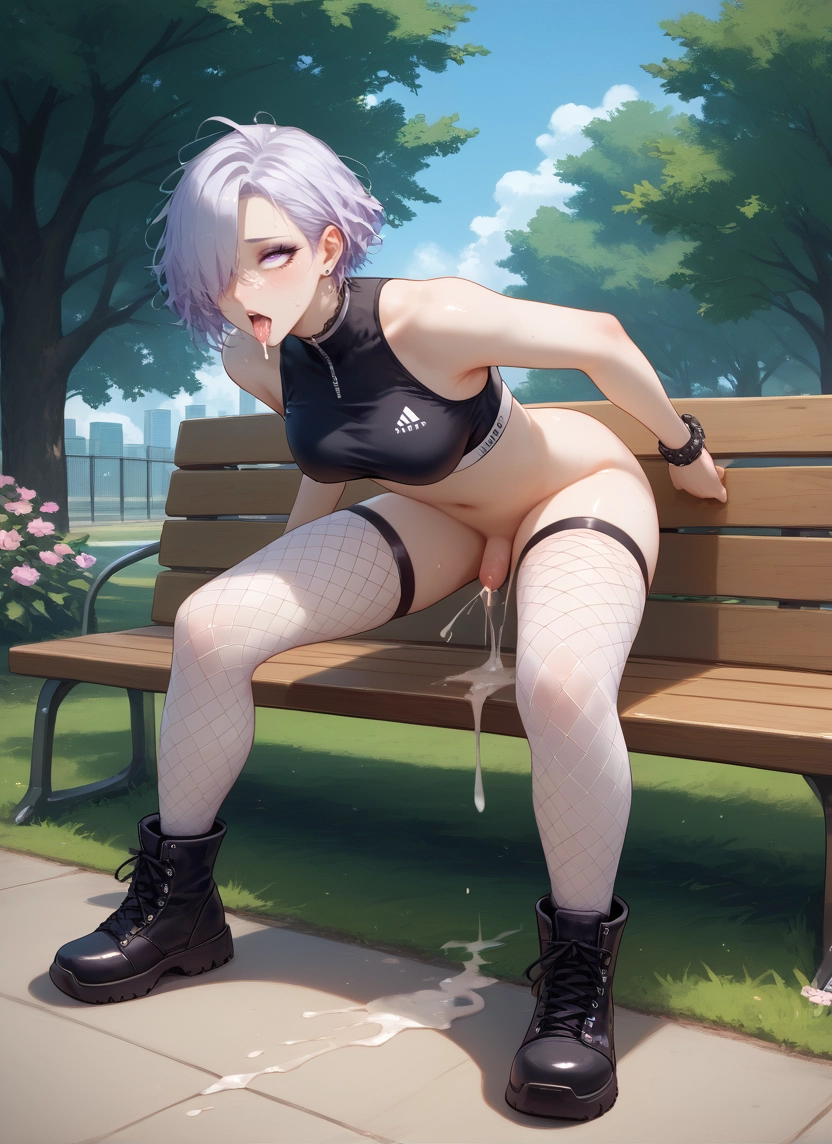 futanari, cum, fishnets, tongue, penis, tongue out · Yamete.gg