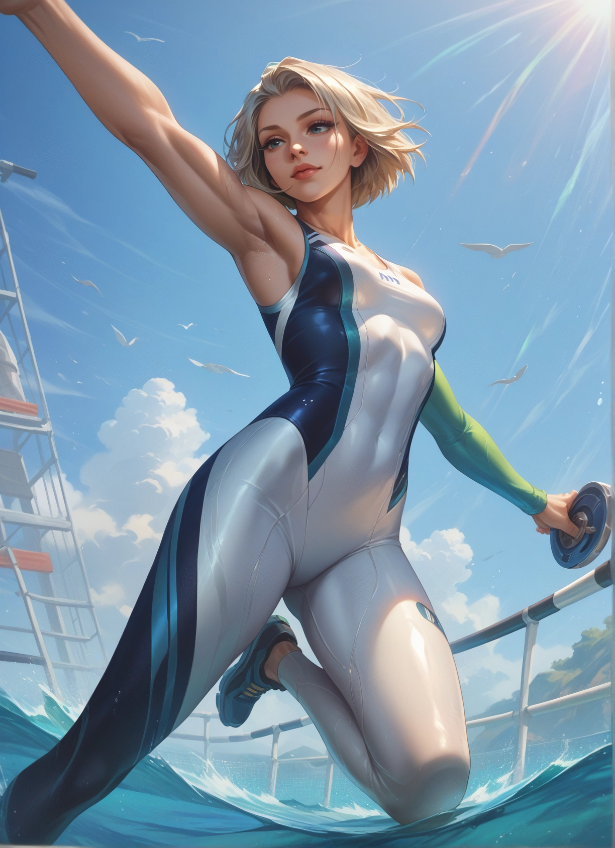 1girl, solo, breasts, short hair, armpits, sky · Yamete.gg