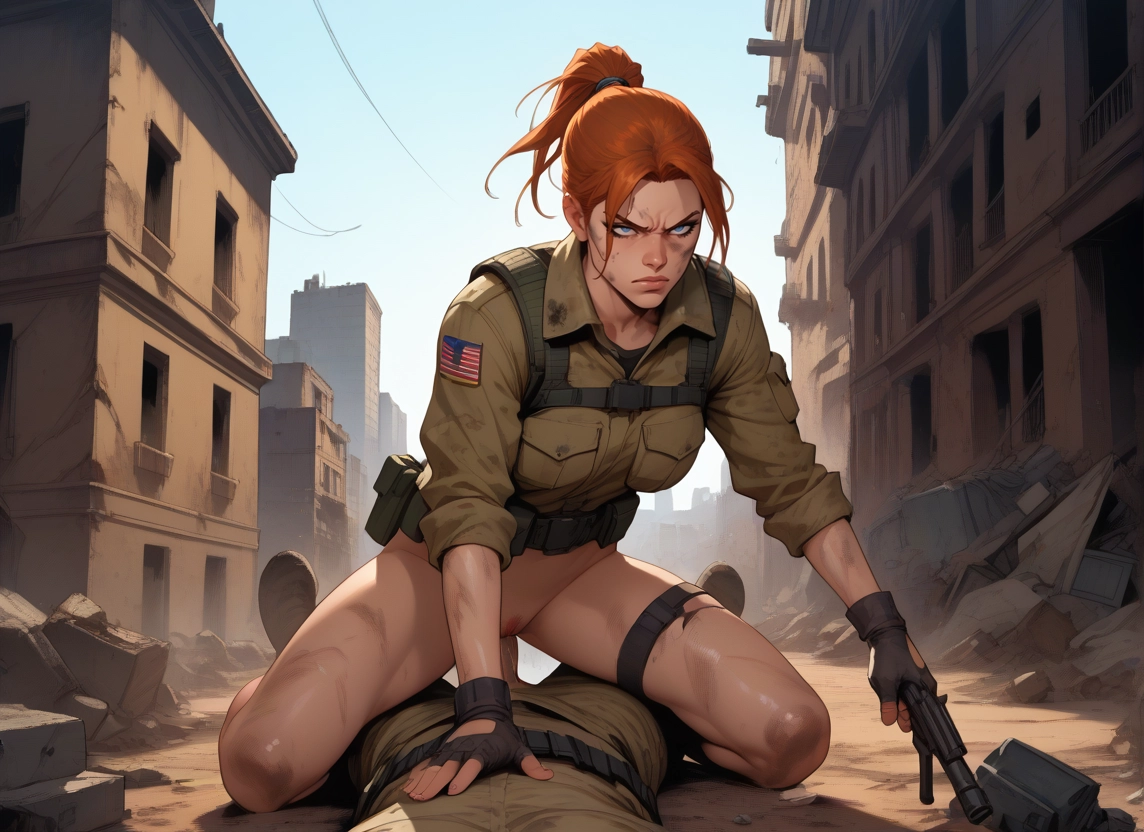 1girl, weapon, girl on top, gloves, female pubic hair, blue eyes
