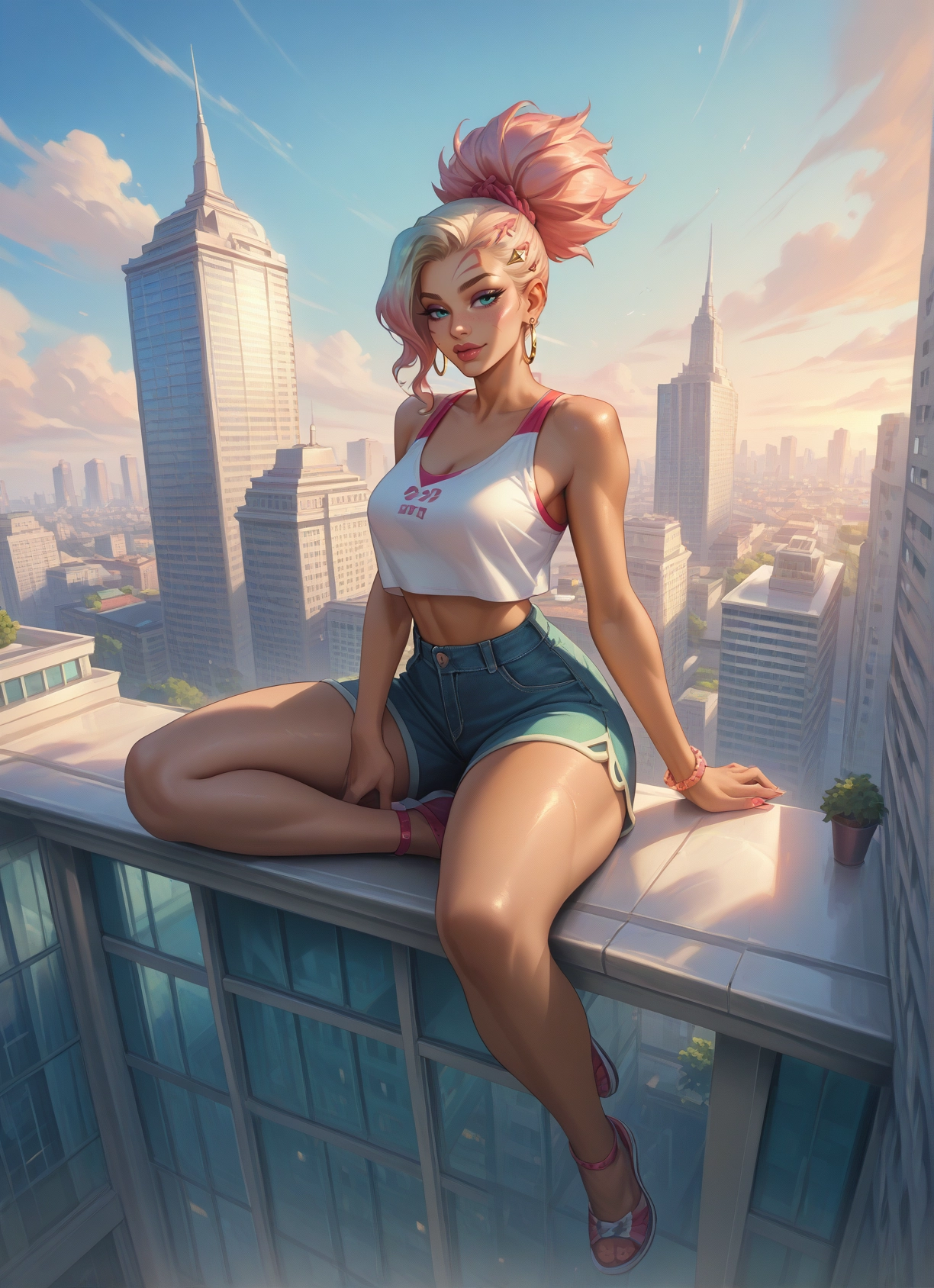 1girl, shorts, jewelry, earrings, solo, breasts · Yamete.gg