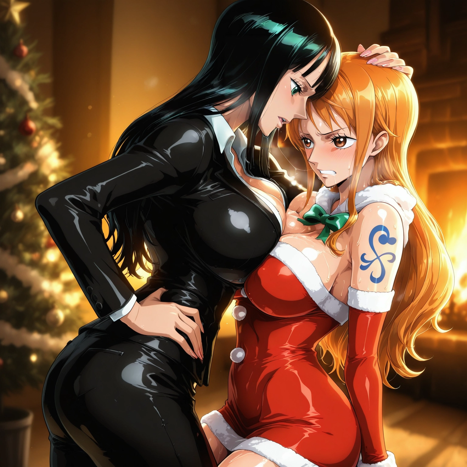 multiple girls, breasts, 2girls, tattoo, long hair, christmas tree · Yamete.gg