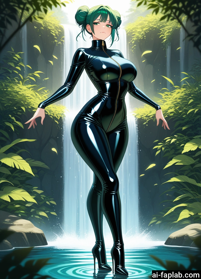 1girl, breasts, bodysuit, high heels, double bun, water
