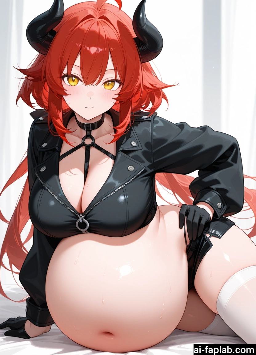 1girl, breasts, horns, thighhighs, red hair, gloves
