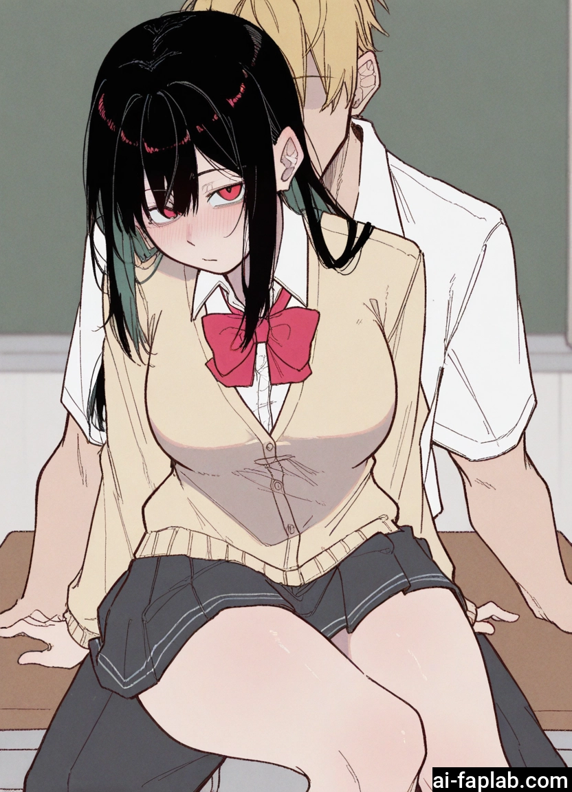 1girl, 1boy, skirt, black hair, blush, school uniform