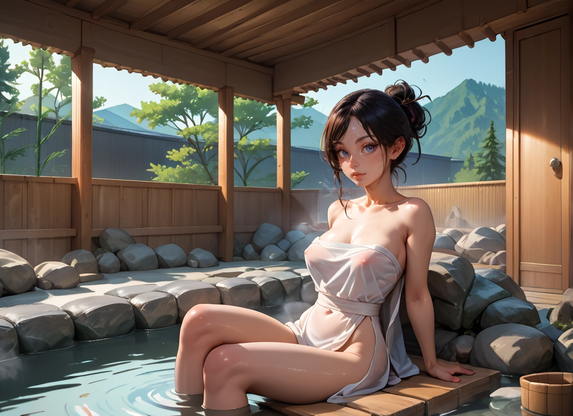 1girl, breasts, solo, towel, onsen, sitting · Yamete.gg