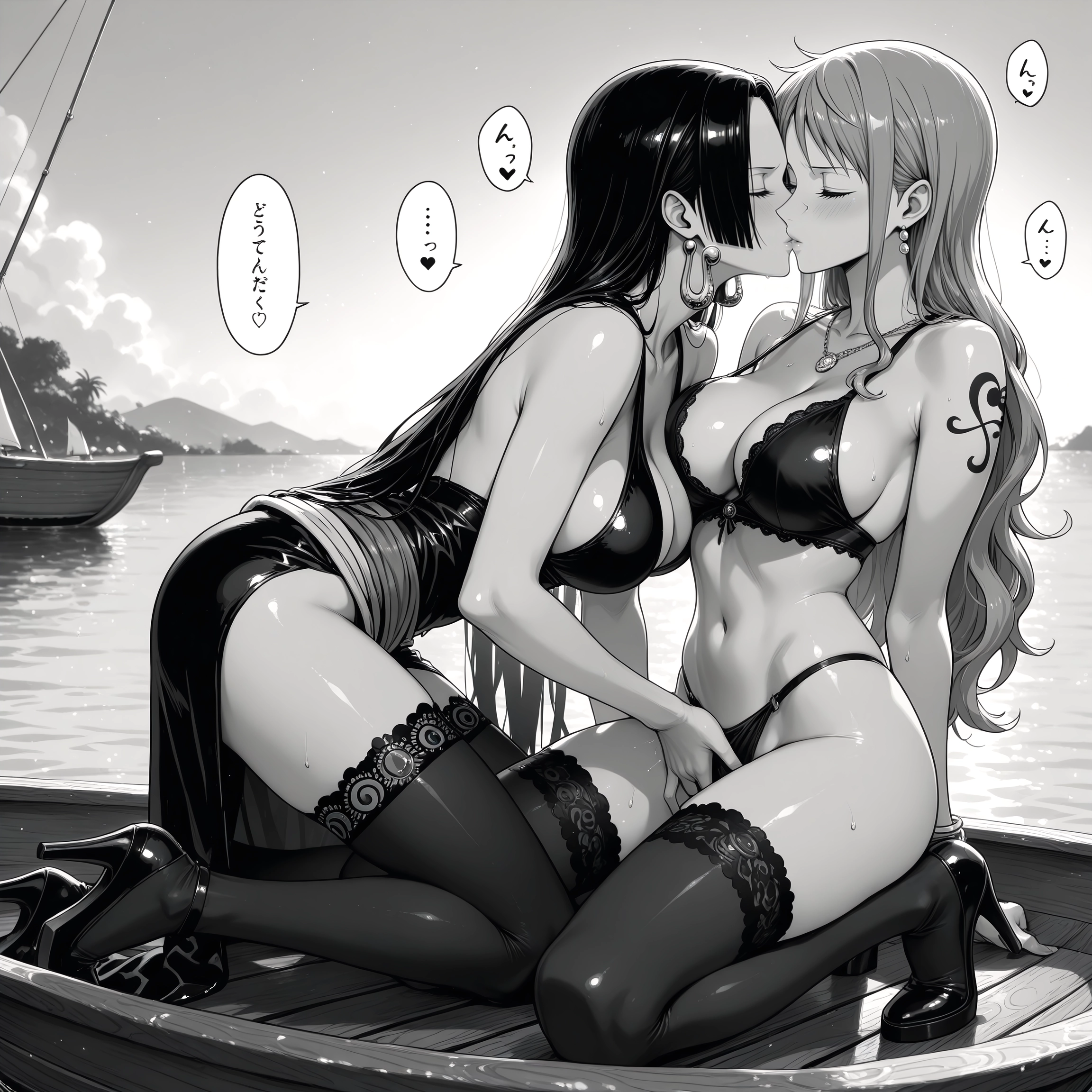 multiple girls, monochrome, breasts, 2girls, greyscale, thighhighs · Yamete.gg