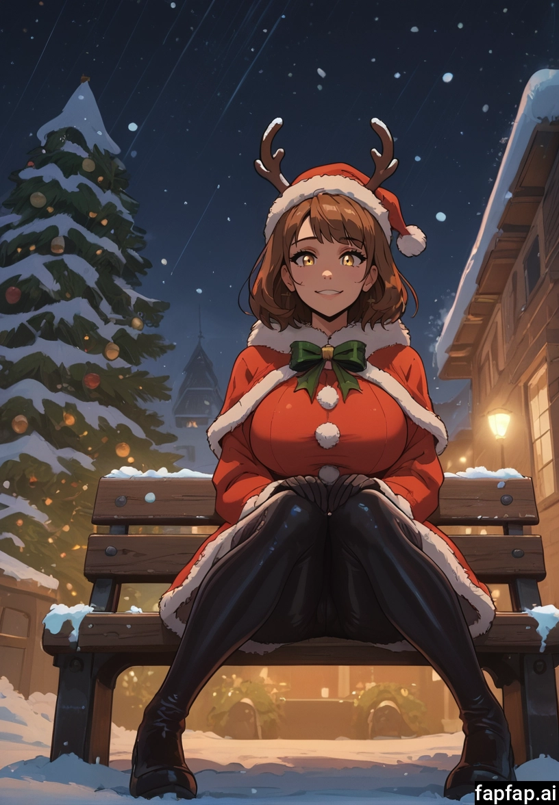 1girl, brown hair, solo, christmas, red capelet, santa hat · Yamete.gg
