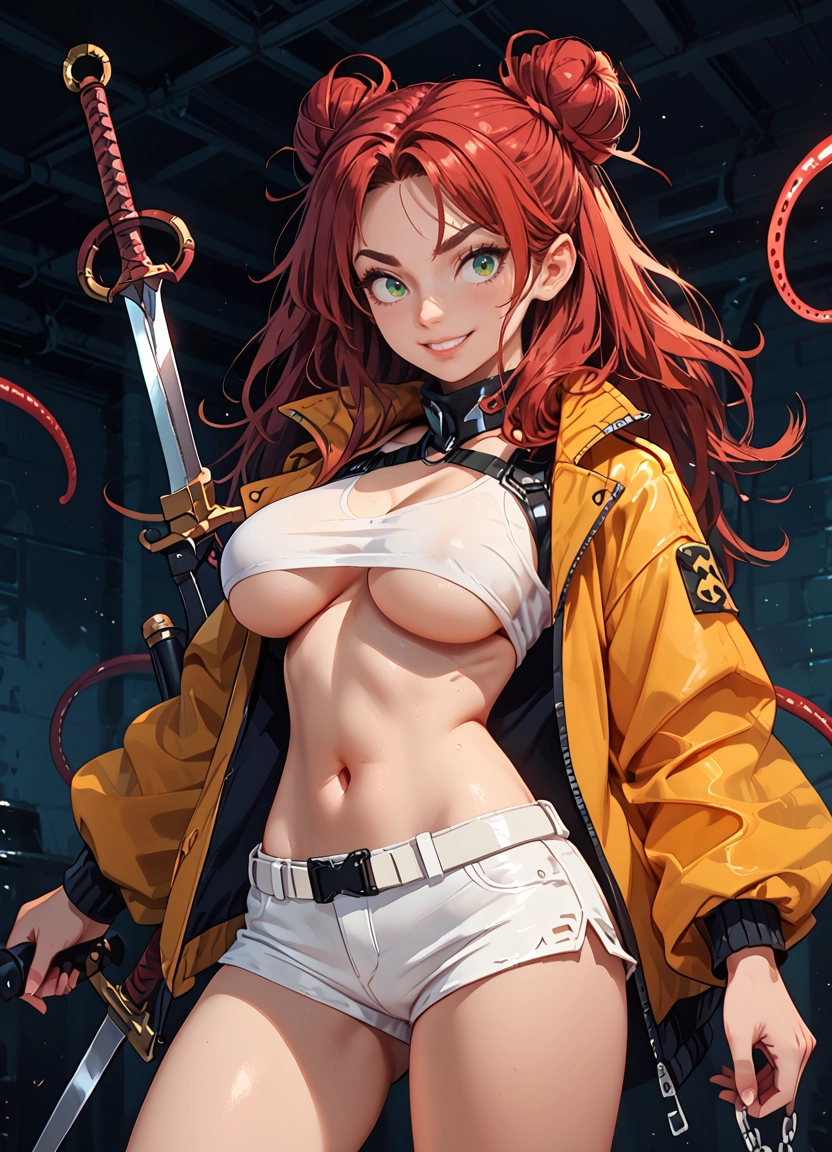 1girl, breasts, weapon, sword, shorts, navel · Yamete.gg