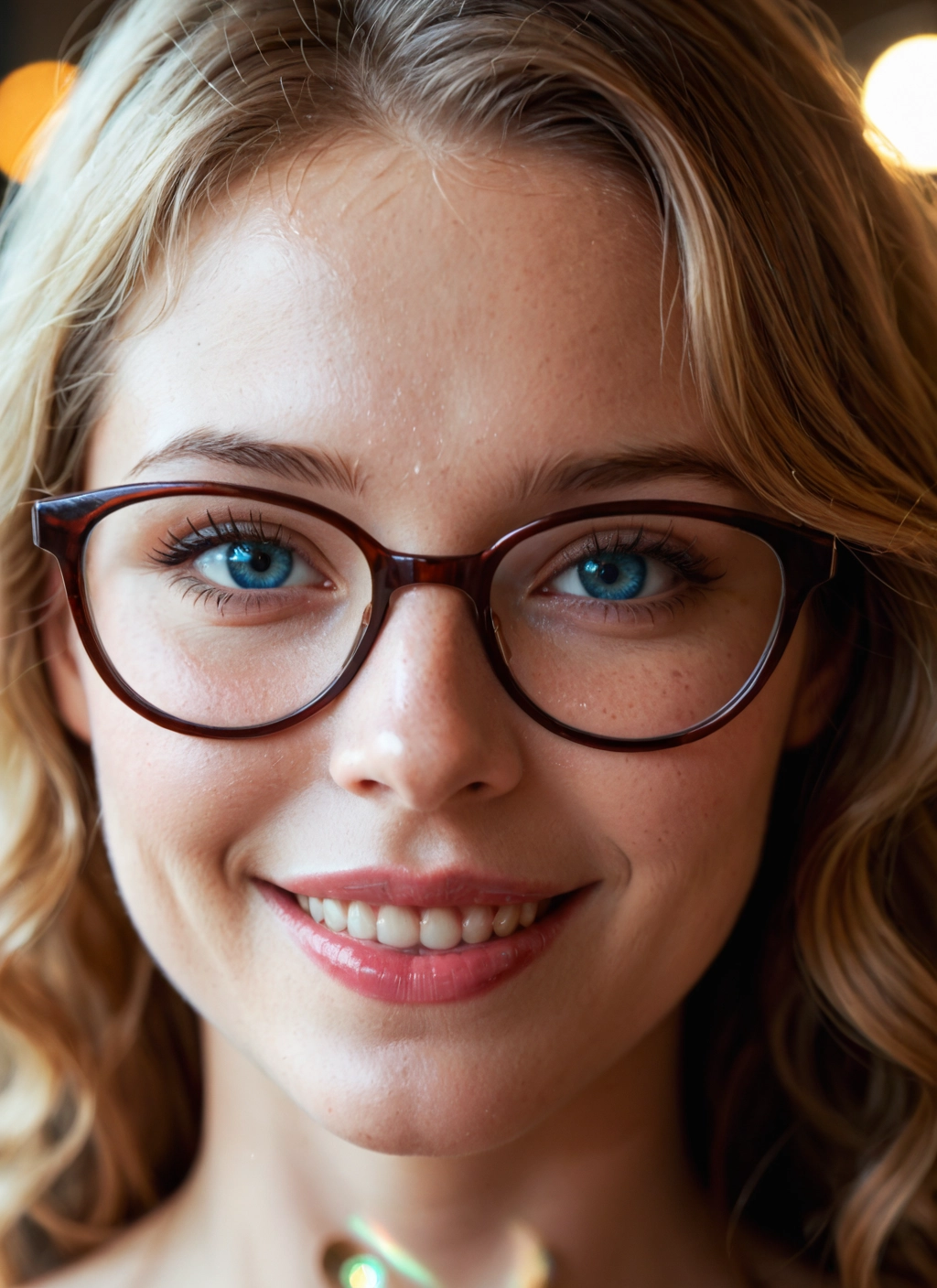 1girl, solo, glasses, blonde hair, blue eyes, smile · Yamete.gg
