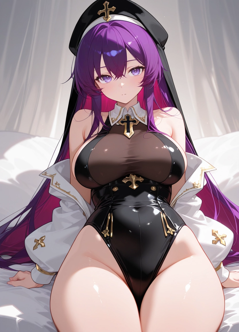 1girl, breasts, solo, purple hair, purple eyes, leotard · Yamete.gg