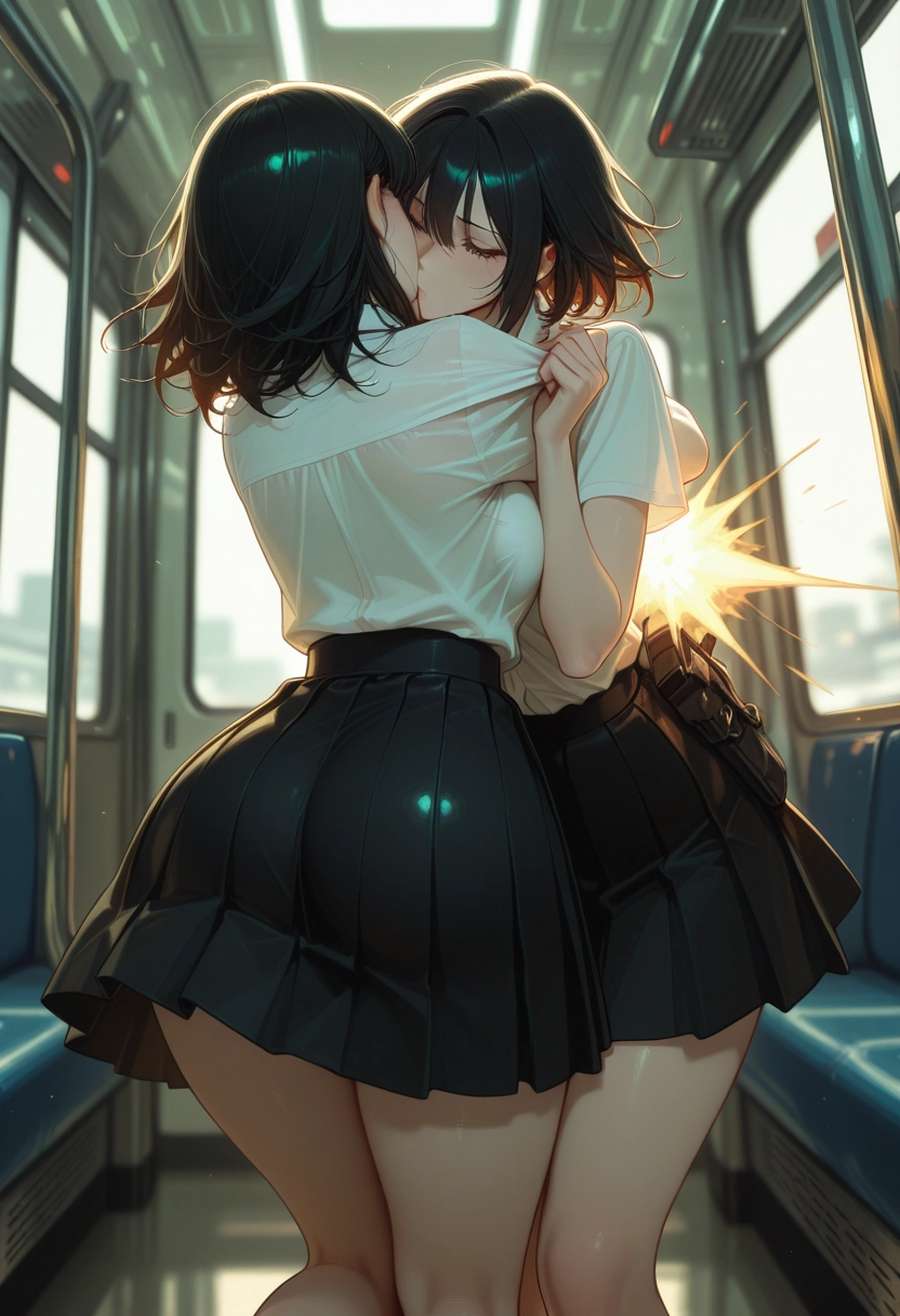 multiple girls, 2girls, skirt, black hair, closed eyes, kiss · Yamete.gg