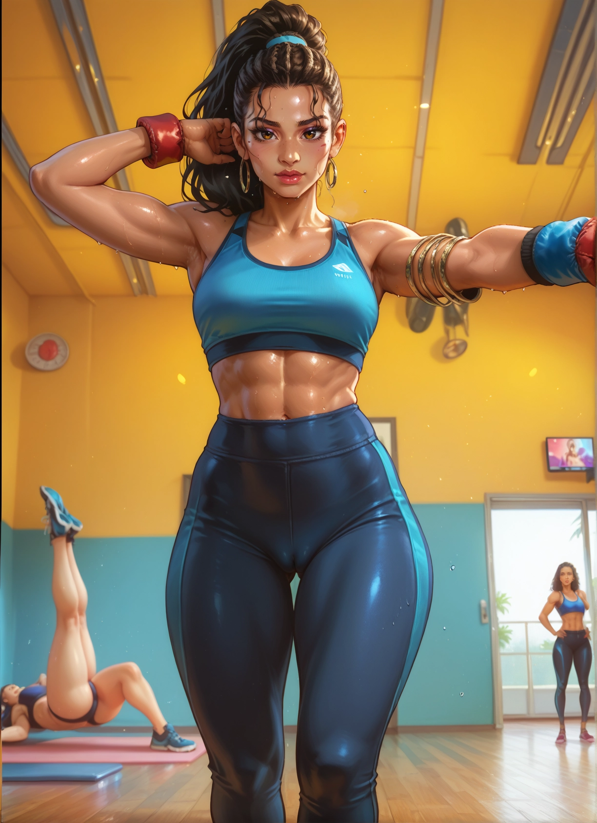 multiple girls, abs, jewelry, earrings, muscular female, sweat · Yamete.gg
