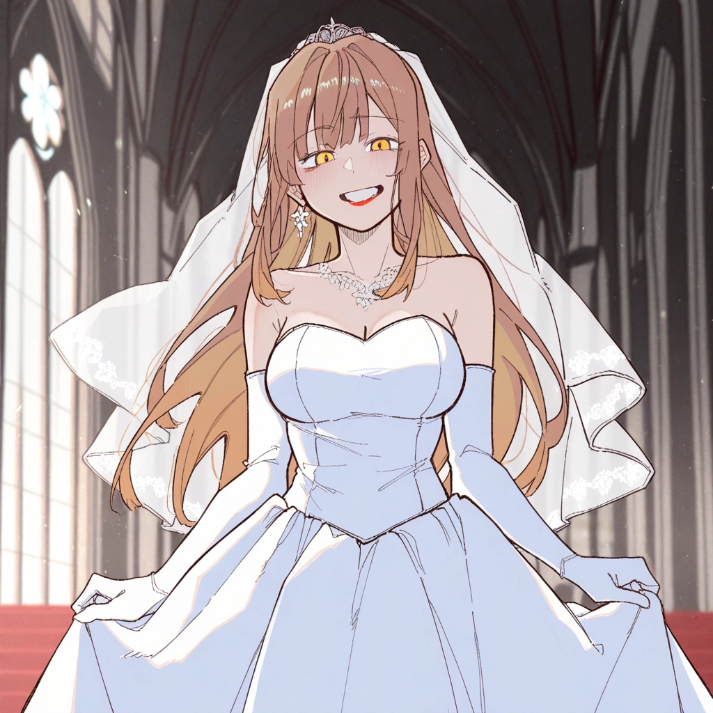 1girl, dress, gloves, wedding dress, breasts, smile · Yamete.gg