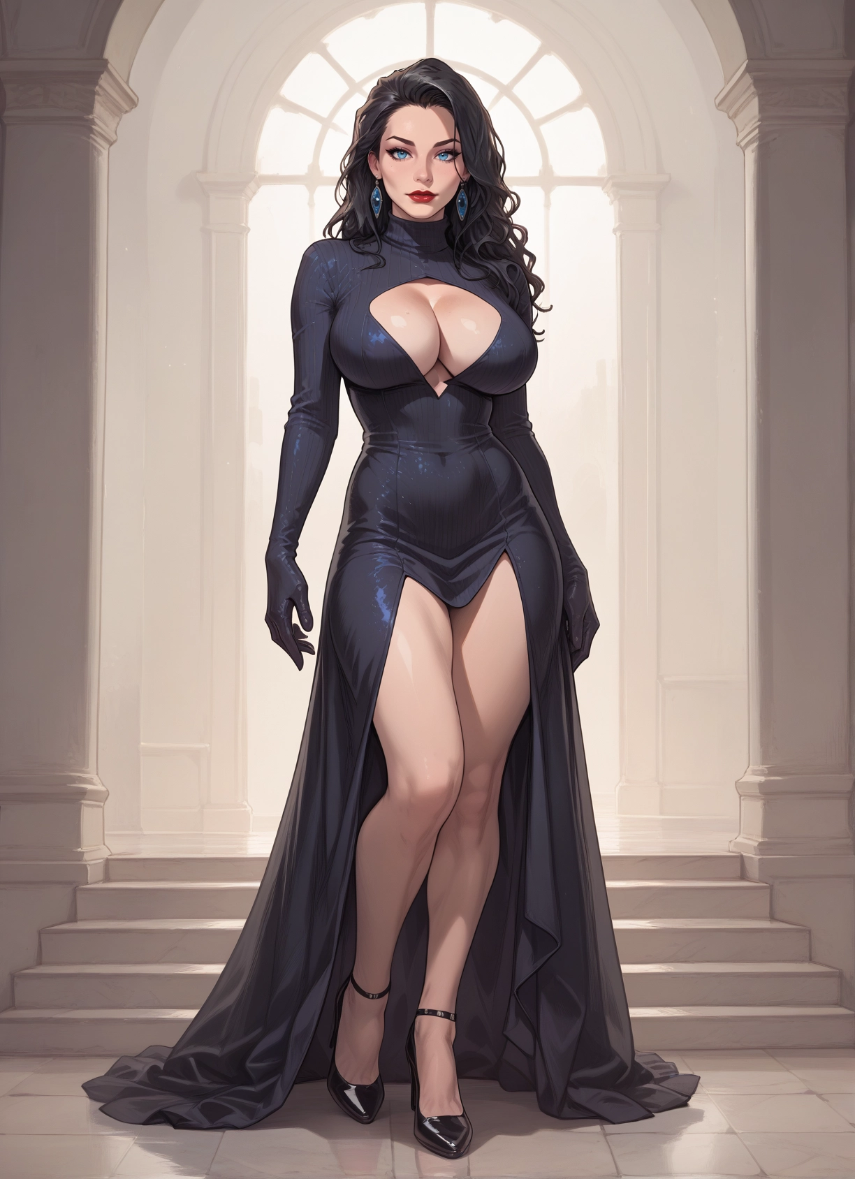 1girl, breasts, dress, jewelry, earrings, blue eyes · Yamete.gg