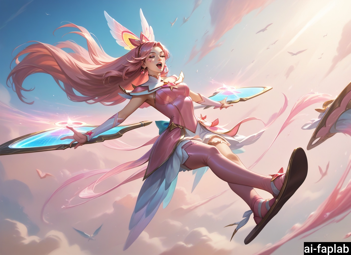 1girl, star guardian (league of legends), long hair, pink hair, sky, thighhighs · Yamete.gg