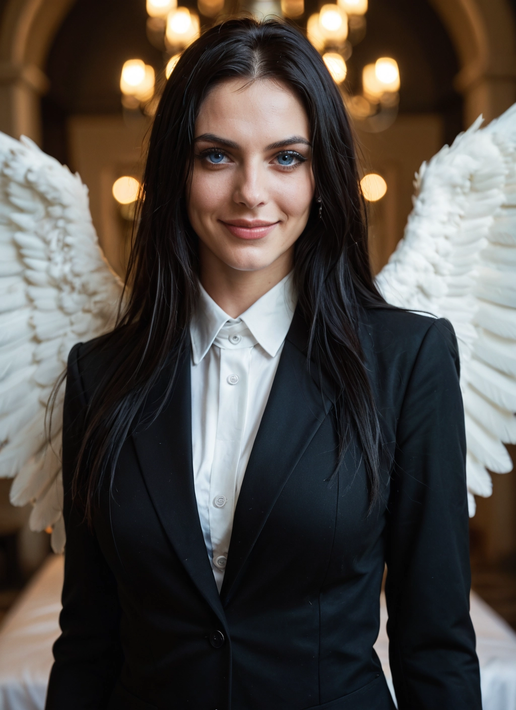 wings, solo, 1girl, blue eyes, black hair, long hair · Yamete.gg