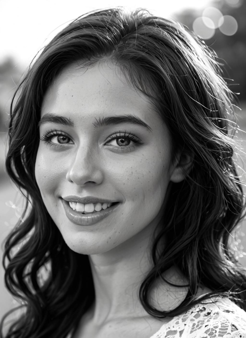 1girl, solo, greyscale, monochrome, smile, freckles · Yamete.gg