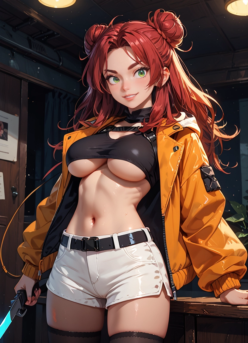 1girl, breasts, shorts, solo, navel, green eyes · Yamete.gg