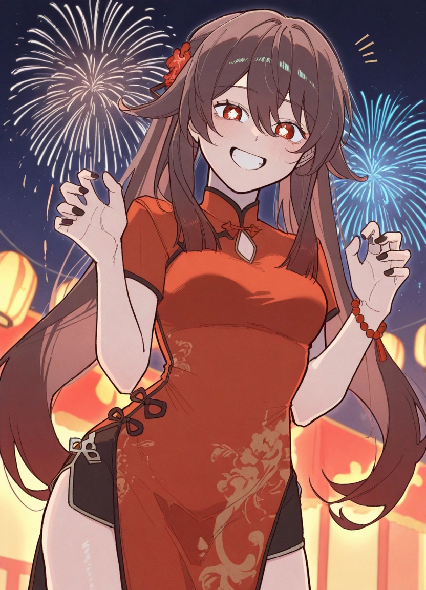 1girl, chinese clothes, smile, dress, fireworks, solo · Yamete.gg