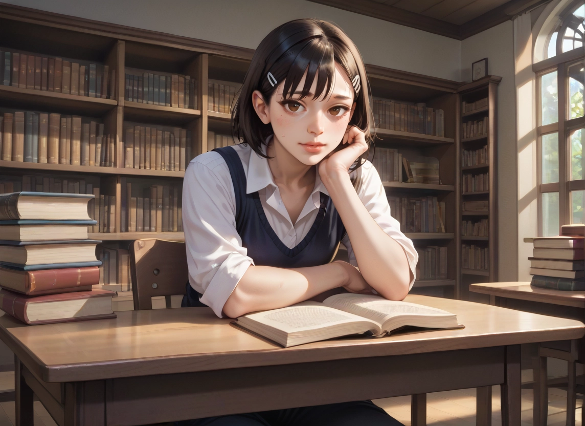 1girl, book, solo, hair ornament, hairclip, bookshelf · Yamete.gg