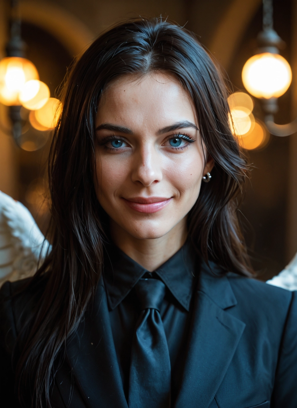 1girl, solo, wings, necktie, jewelry, earrings · Yamete.gg