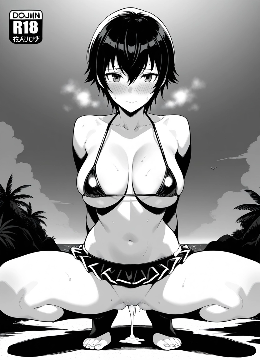 1girl, monochrome, greyscale, breasts, swimsuit, solo · Yamete.gg