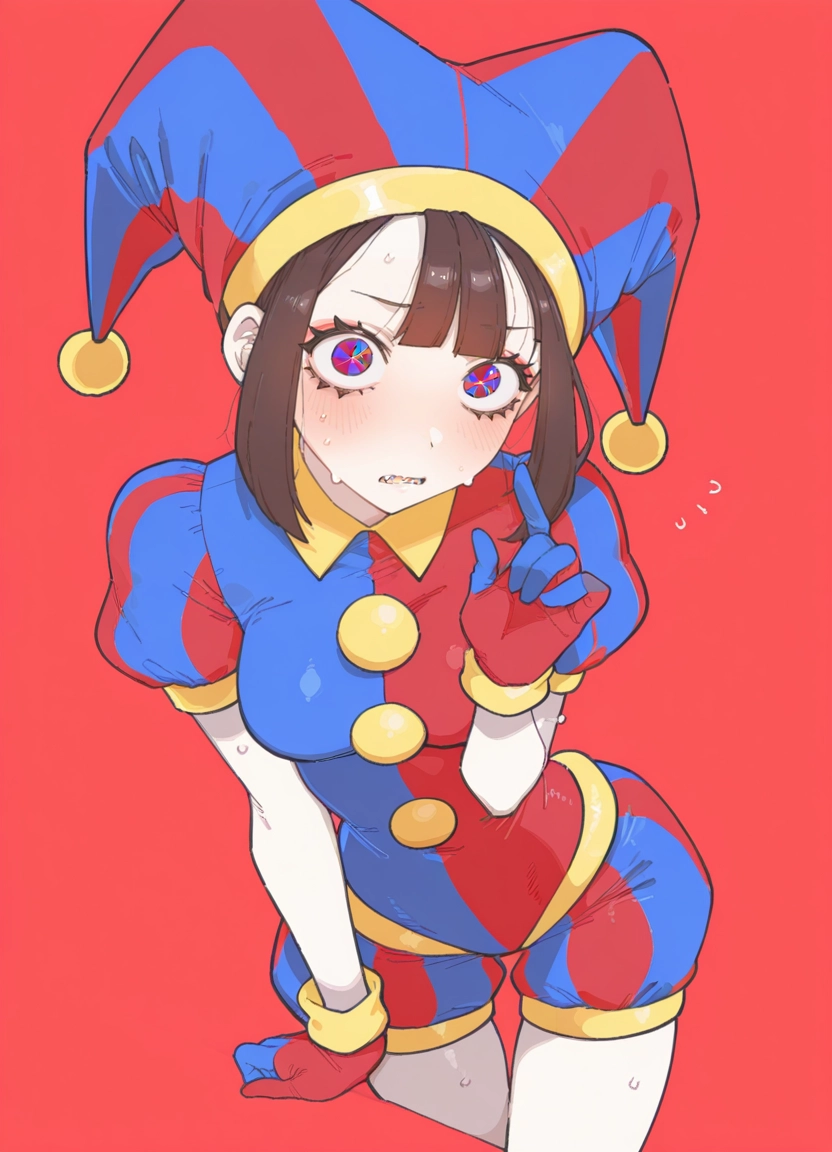 1girl, solo, gloves, hat, red background, simple background · Yamete.gg