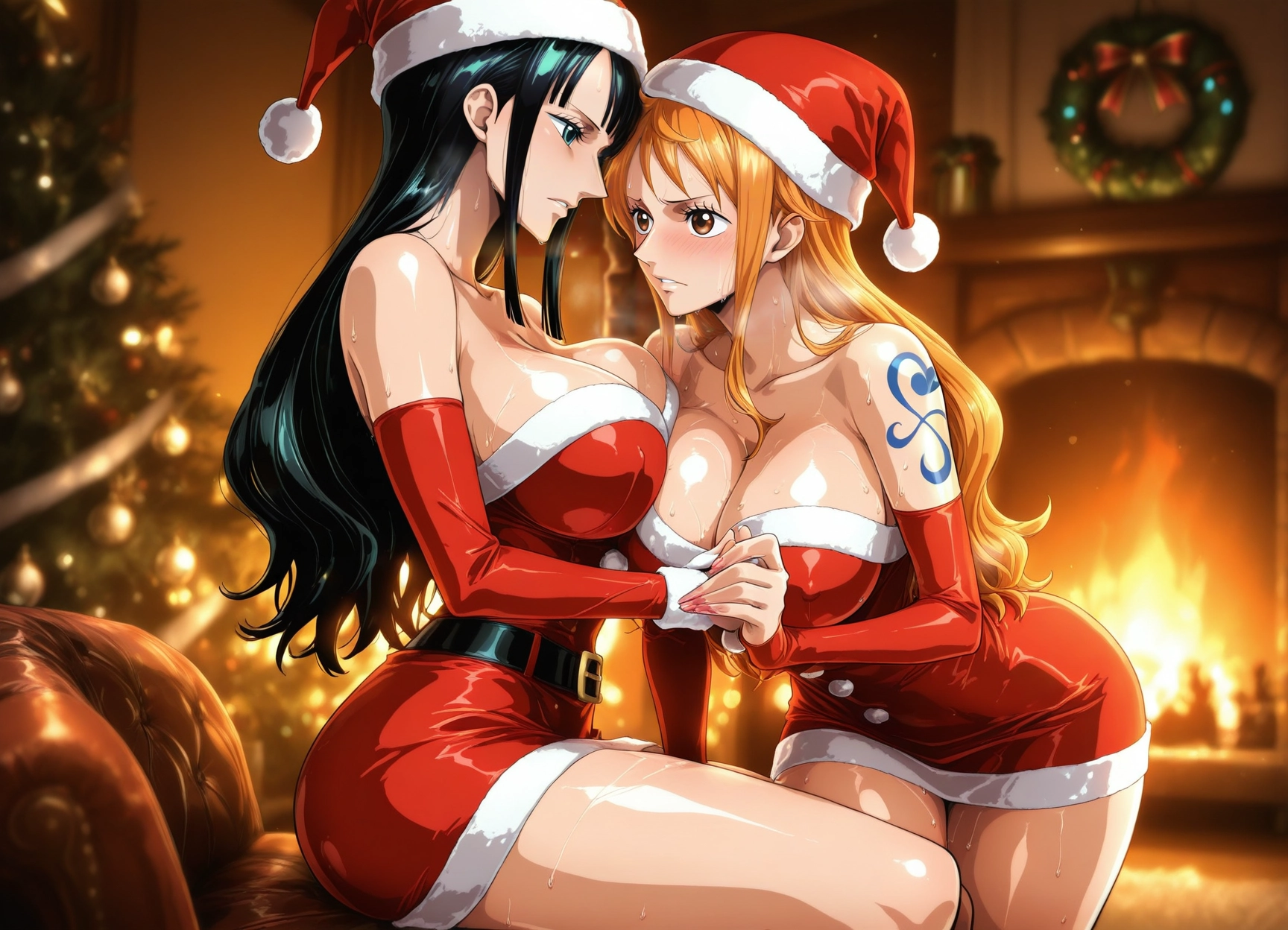 multiple girls, breasts, 2girls, hat, santa hat, tattoo · Yamete.gg