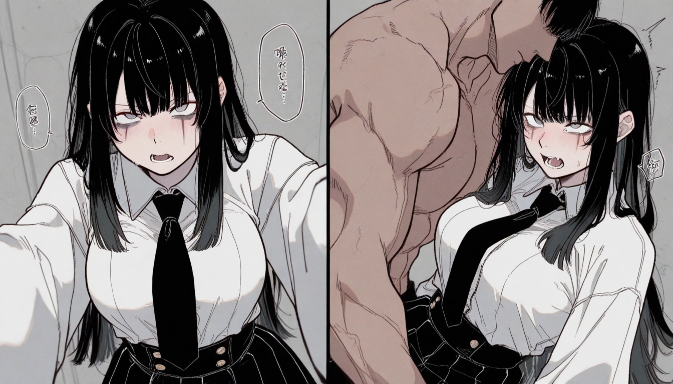 1girl, black hair, 1boy, necktie, long hair, open mouth