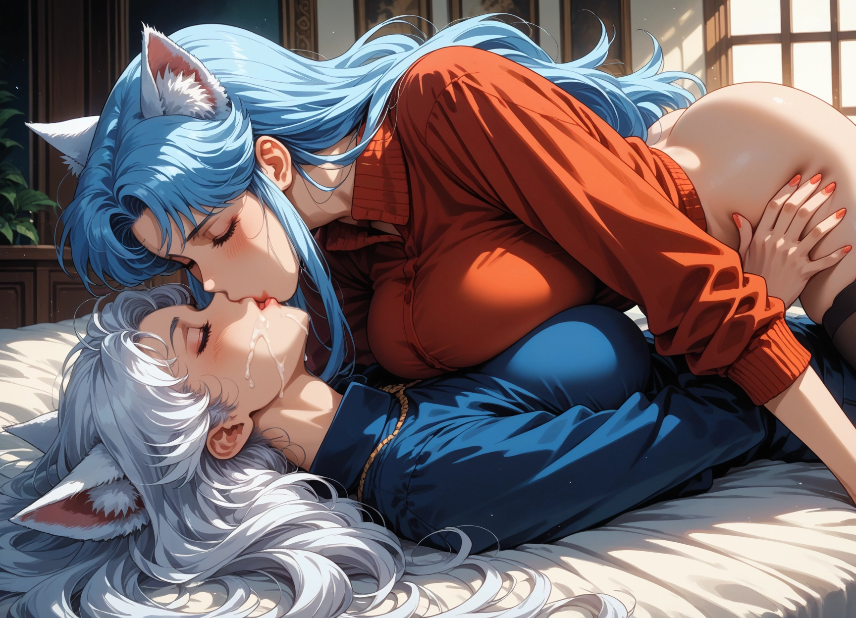 animal ears, breasts, 2girls, breast press, multiple girls, kiss · Yamete.gg