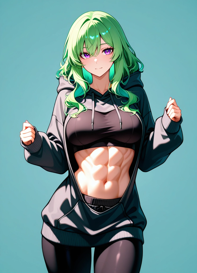 1girl, solo, green hair, hood, abs, purple eyes