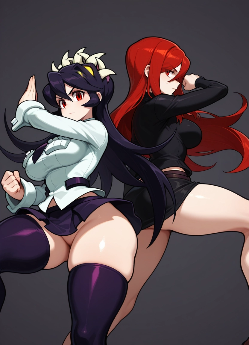 filia (skullgirls), multiple girls, 2girls, red eyes, red hair, breasts · Yamete.gg