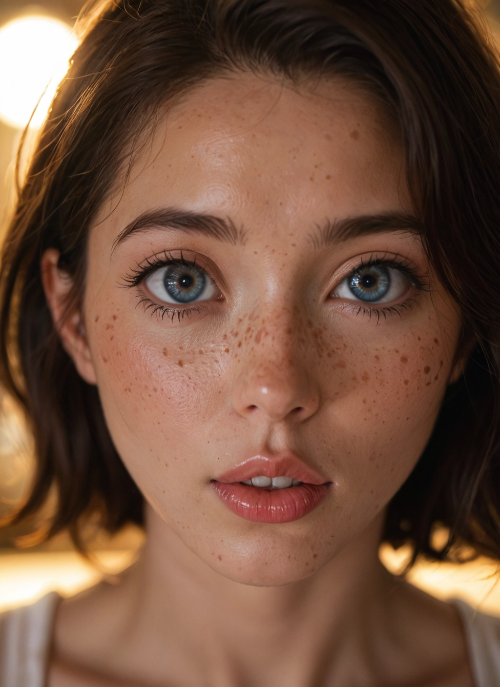 1girl, solo, blue eyes, freckles, brown hair, looking at viewer · Yamete.gg