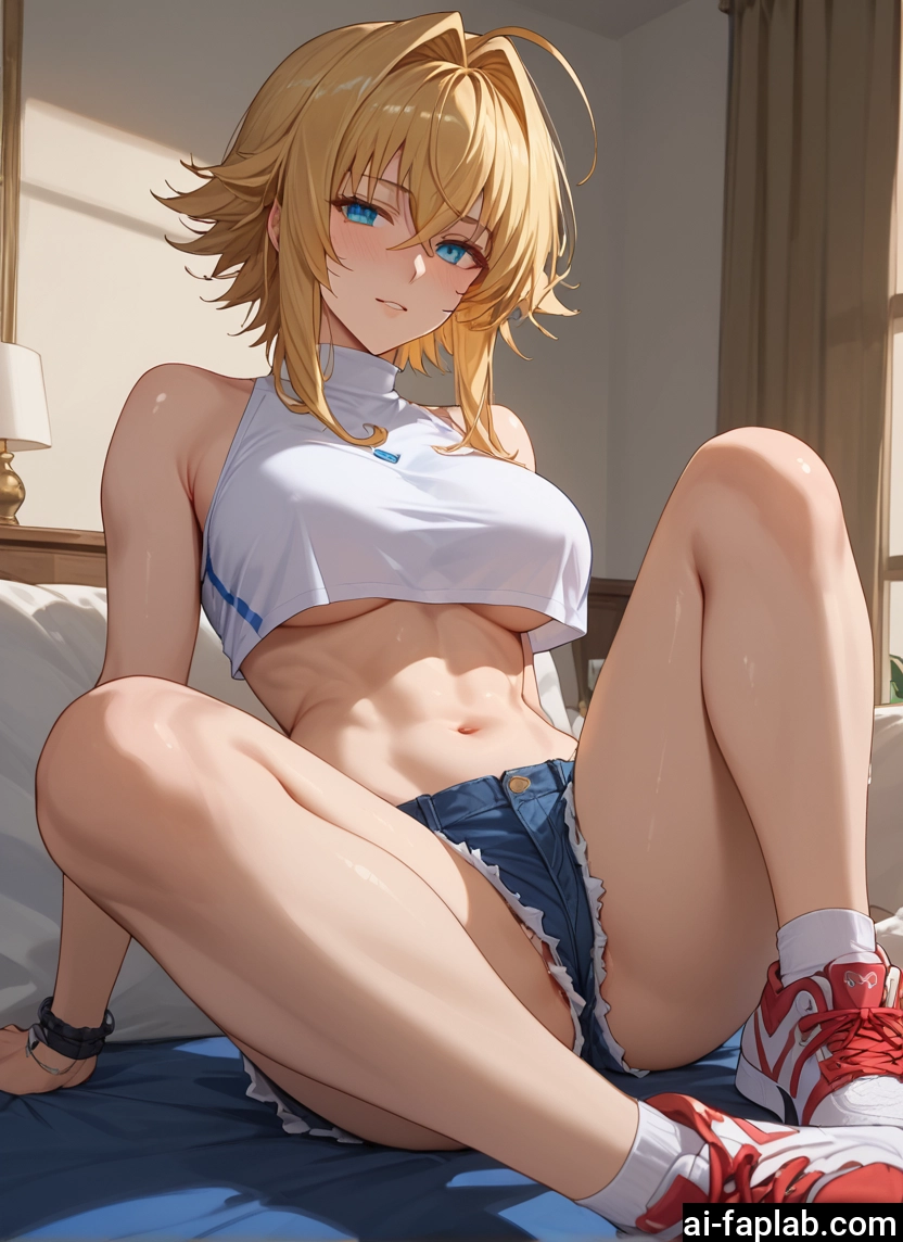 1girl, breasts, blonde hair, shorts, navel, solo · Yamete.gg