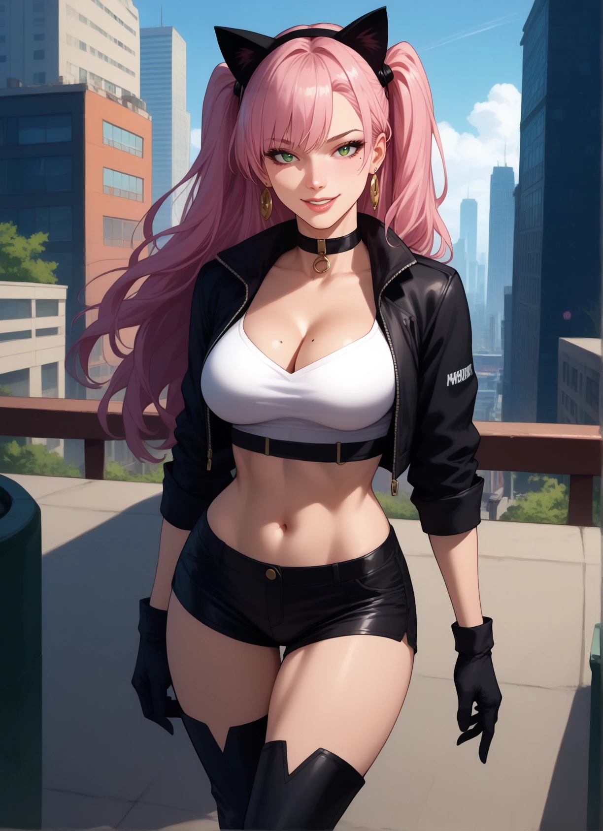 1girl, breasts, mole, gloves, mole on breast, shorts · Yamete.gg