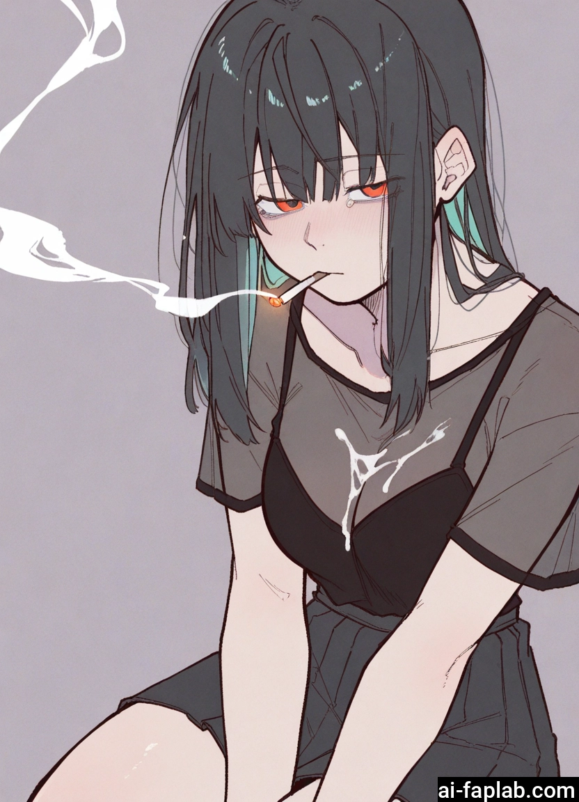 1girl, cigarette, solo, black hair, smoking, skirt · Yamete.gg