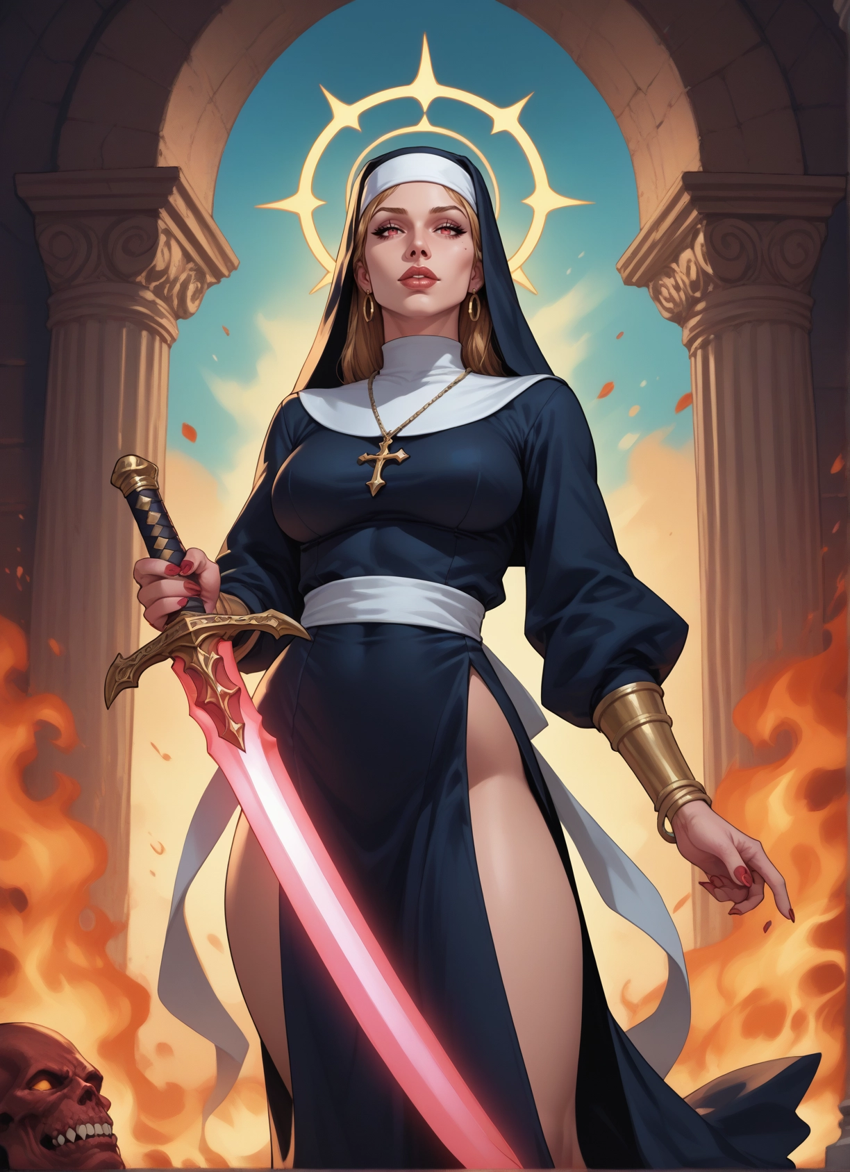 1girl, weapon, sword, jewelry, nun, cross · Yamete.gg