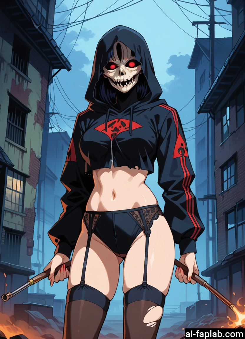 1girl, thighhighs, navel, hood, red eyes, solo · Yamete.gg