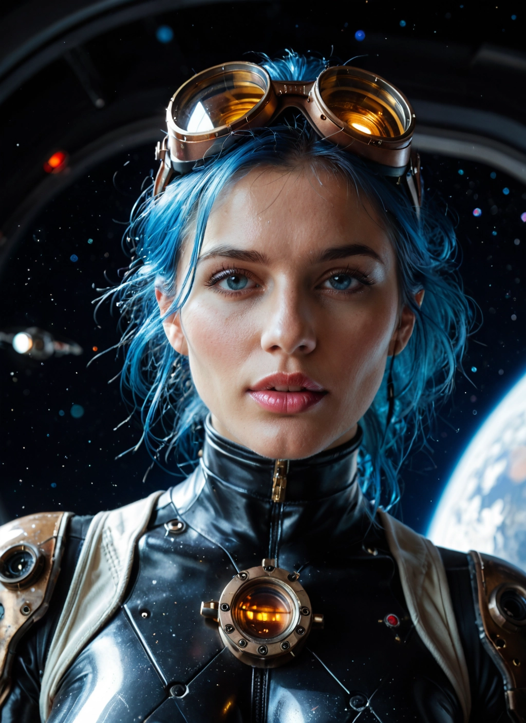 1girl, solo, goggles, goggles on head, space, blue eyes · Yamete.gg