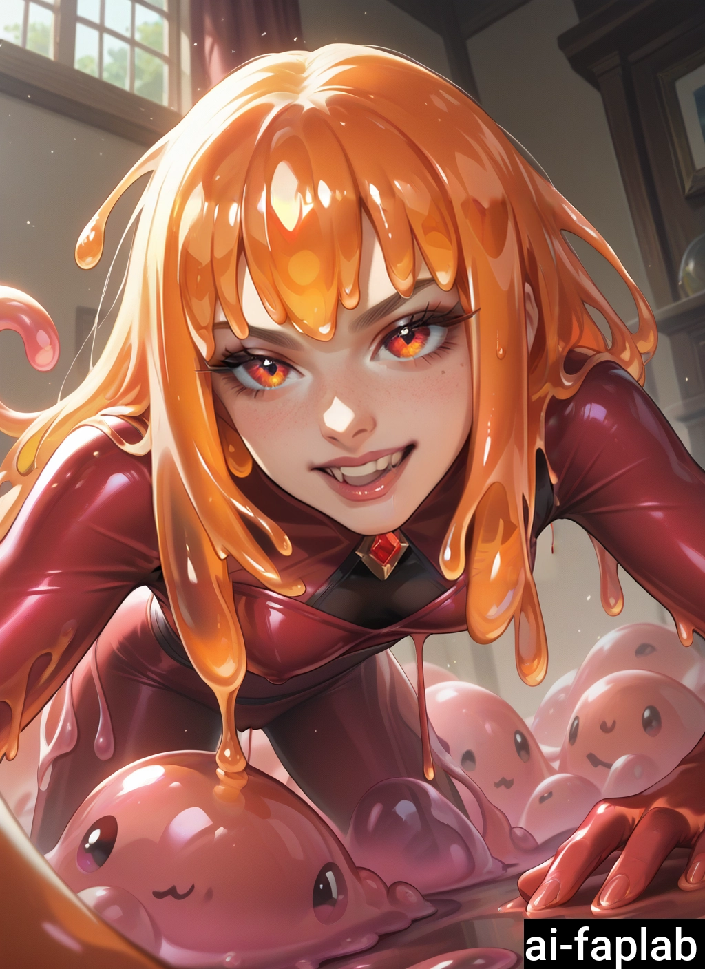 freckles, 1girl, slime (creature), bodysuit, looking at viewer, orange hair · Yamete.gg