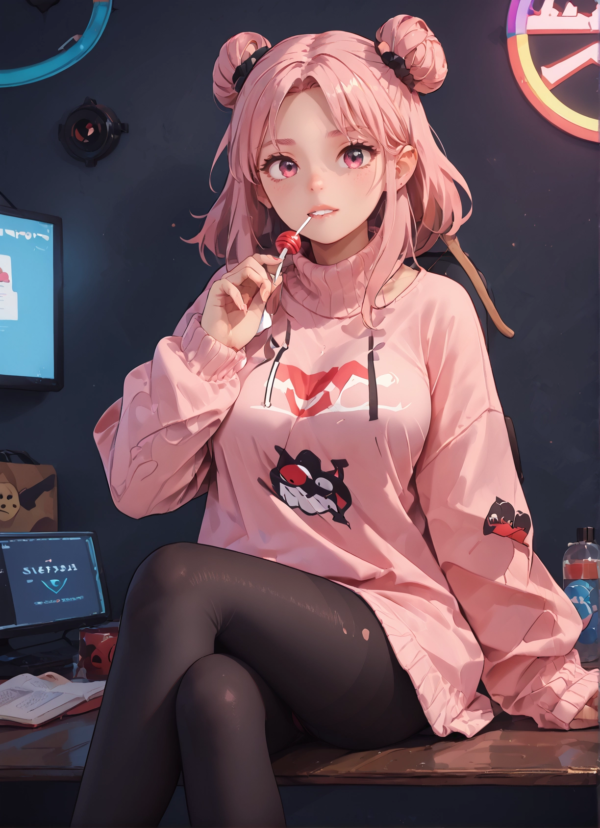 1girl, pink hair, food, candy, lollipop, pantyhose · Yamete.gg