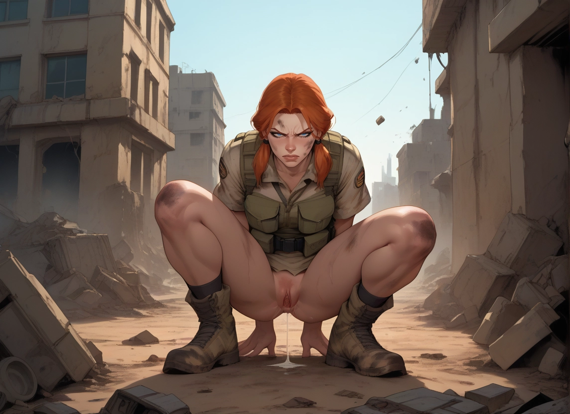1girl, boots, solo, pussy, squatting, outdoors